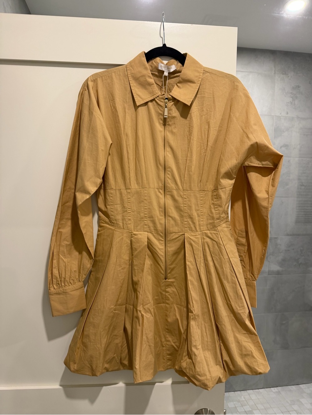NWT Ramy Brook Yellow Tan Pleated Zip-Front Shirt Dress